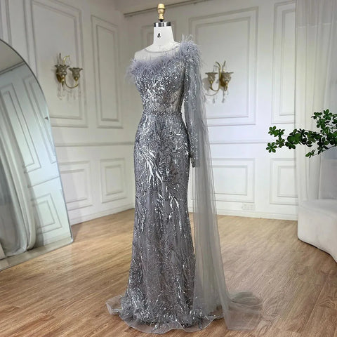 Robe de soirée longue style sirène, asymétrique, gris argenté, avec cape et perles, pour femme, tenue de mariage, 2025, LA72446 