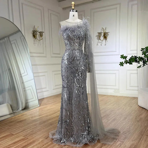 Robe de soirée longue style sirène, asymétrique, gris argenté, avec cape et perles, pour femme, tenue de mariage, 2025, LA72446 