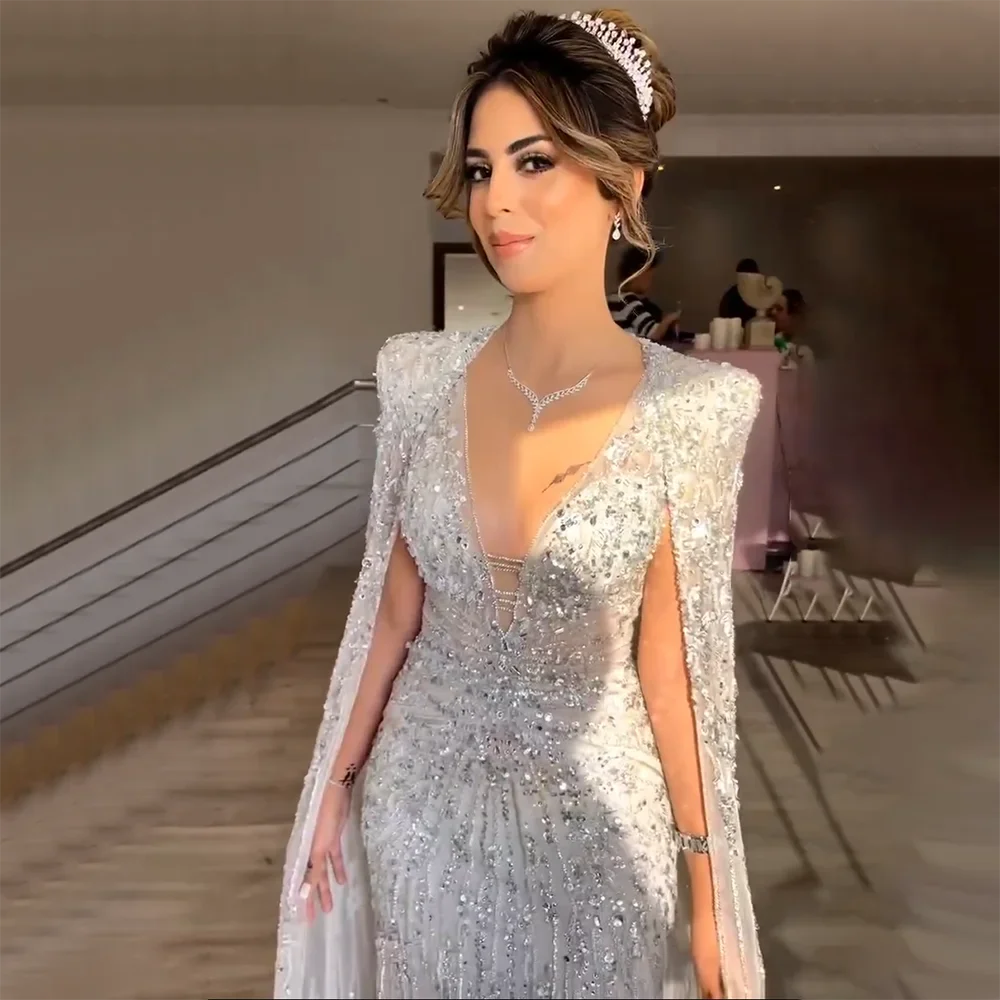 Luxury Dubai Turquoise Mermaid Evening Dresses with Cape V-Neck LA72239