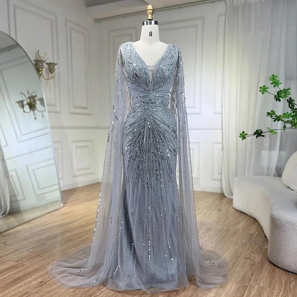 Luxury Dubai Turquoise Mermaid Evening Dresses with Cape V-Neck LA72239