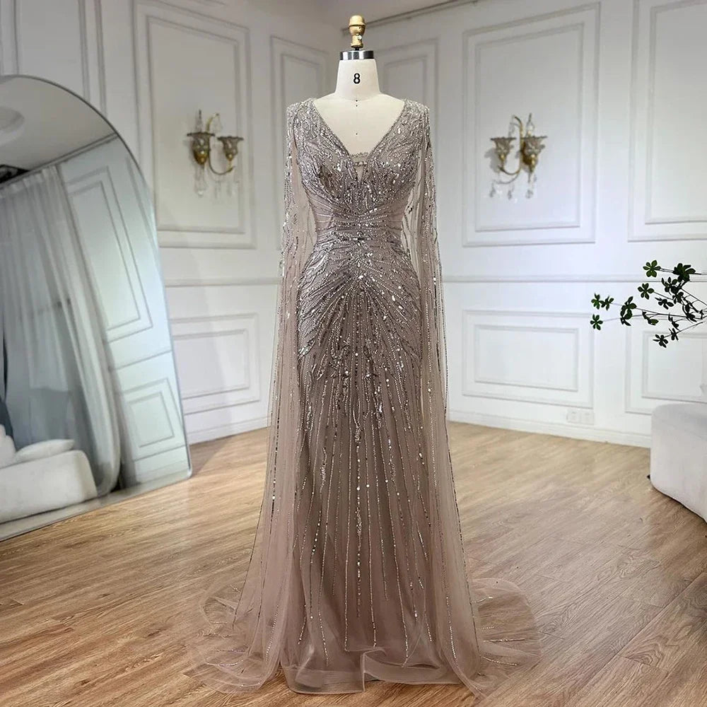 Luxury Dubai Turquoise Mermaid Evening Dresses with Cape V-Neck LA72239