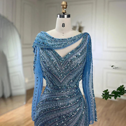 Robe de soirée élégante style sirène, couleur argent, couleur chair, perles, bleu, style Dubaï, pour femme, 2025, LA70752L 