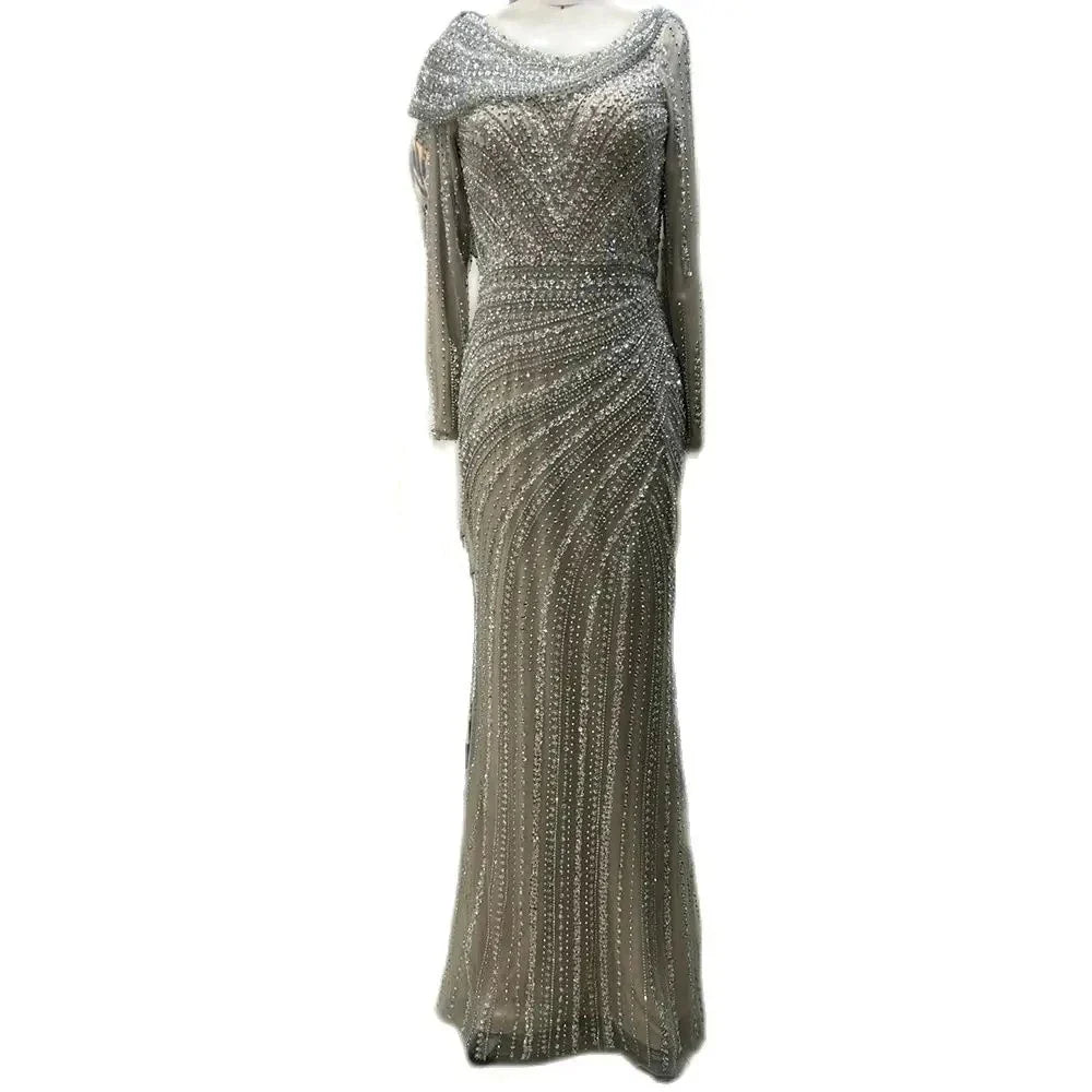 Arabic Silver Nude Beaded Elegant Mermaid Blue Luxury Dubai Evening Dresses Gowns for Women Party 2025 LA70752L