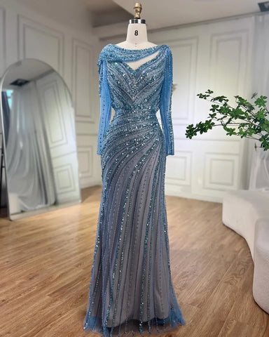 Robe de soirée élégante style sirène, couleur argent, couleur chair, perles, bleu, style Dubaï, pour femme, 2025, LA70752L 