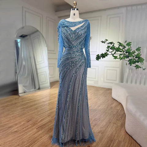 Robe de soirée élégante style sirène, couleur argent, couleur chair, perles, bleu, style Dubaï, pour femme, 2025, LA70752L 