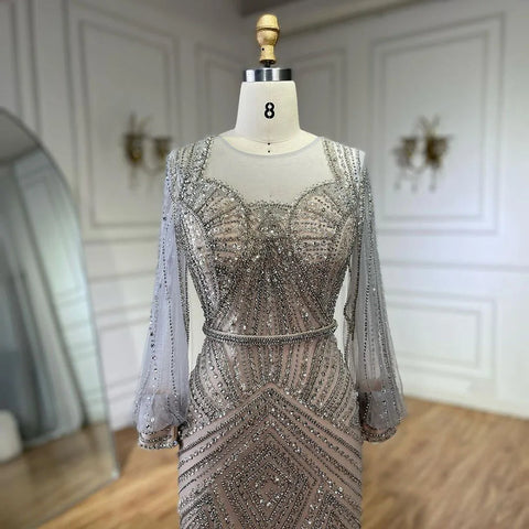 Robe de soirée élégante style sirène, couleur argent, couleur chair, perles, style Dubaï, pour femme, tenue de mariage, 2025, LA72017 