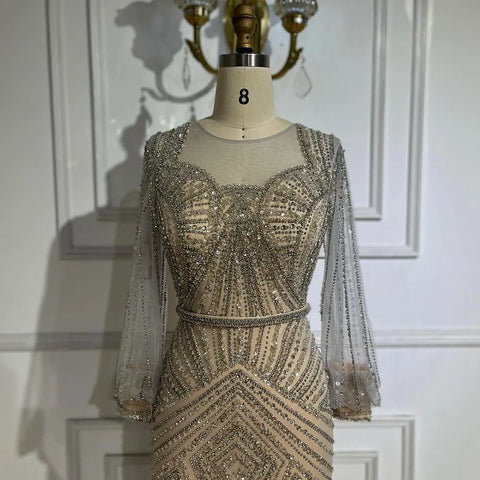 Robe de soirée élégante style sirène, couleur argent, couleur chair, perles, style Dubaï, pour femme, tenue de mariage, 2025, LA72017 