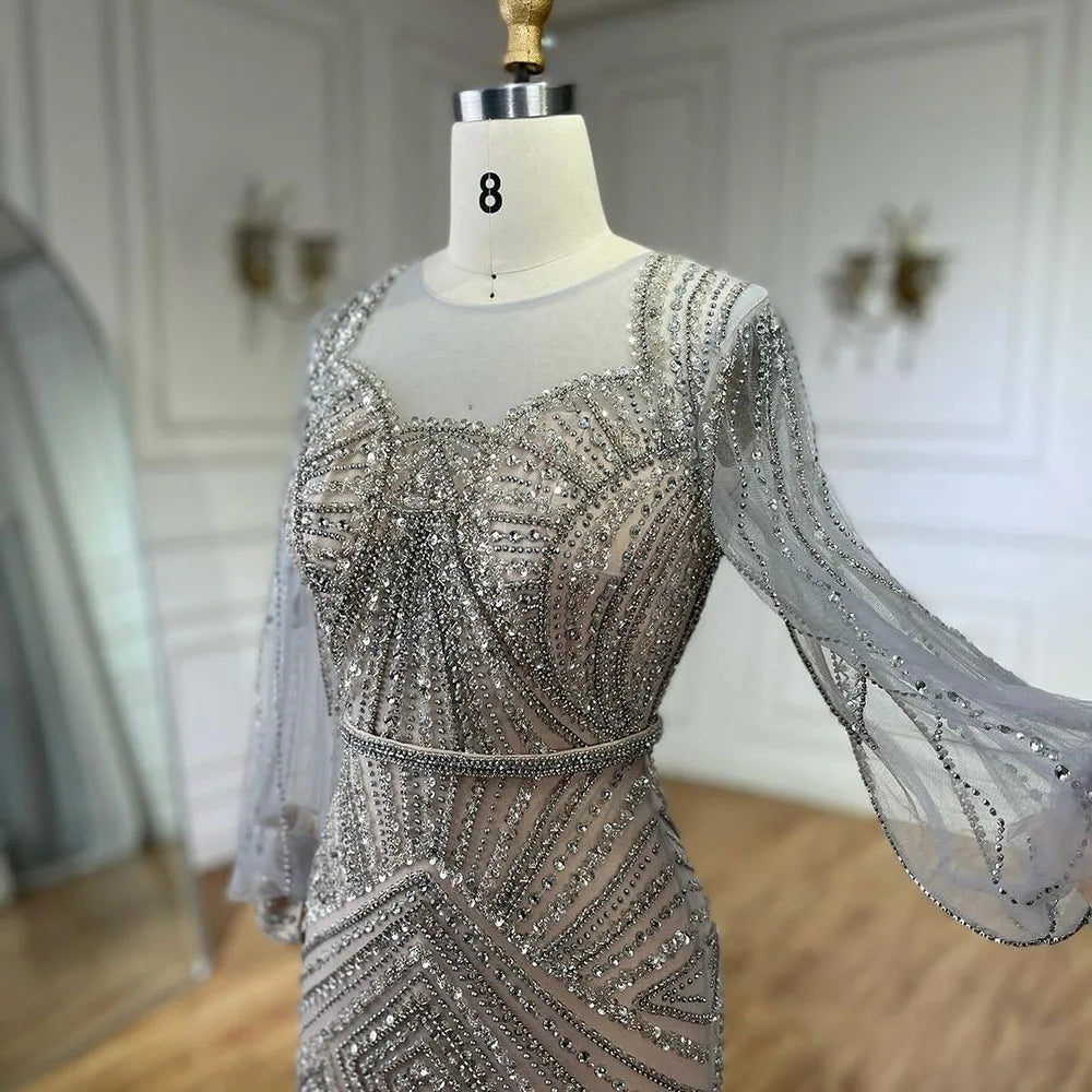 Arabic Silver Nude Elegant Mermaid Beaded Luxury Dubai Evening Dresses Gowns For Women Wedding Party 2025 LA72017