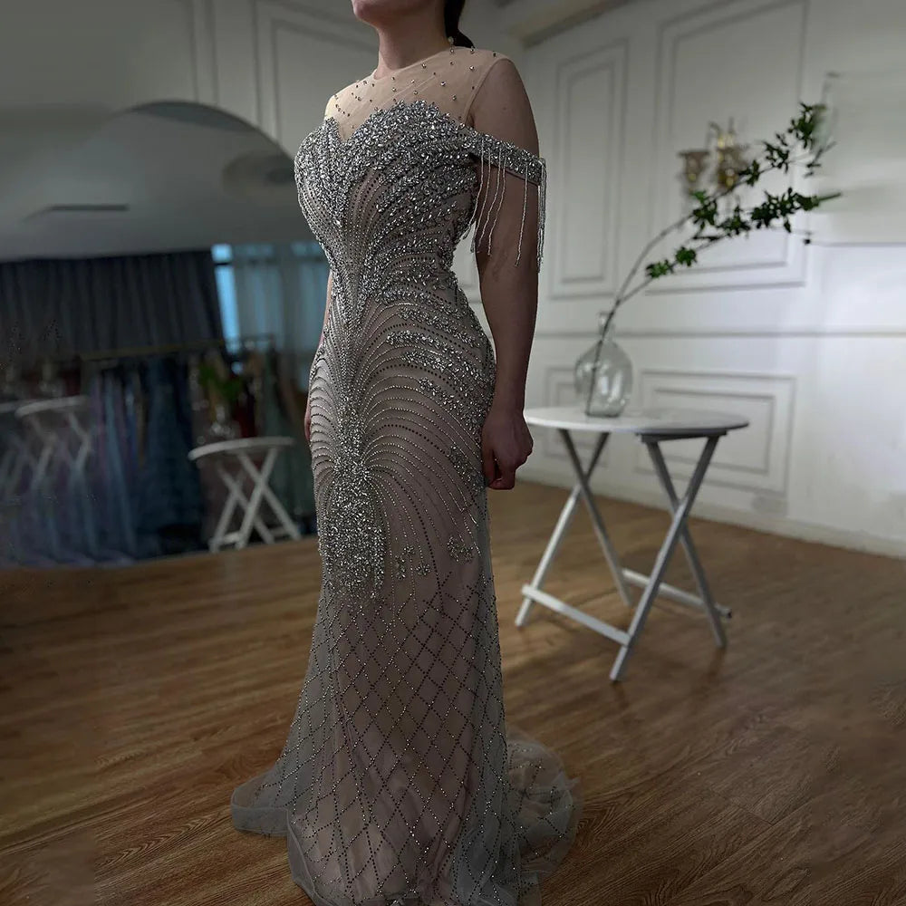 Robe de soirée élégante style sirène argentée et nude, avec pompons et perles, style Dubaï, pour femme, modèle LA71906, 2025 
