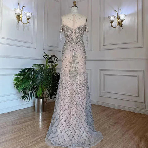 Robe de soirée élégante style sirène argentée et nude, avec pompons et perles, style Dubaï, pour femme, modèle LA71906, 2025 