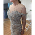 Robe de soirée élégante style sirène argentée et nude, avec pompons et perles, style Dubaï, pour femme, modèle LA71906, 2025 