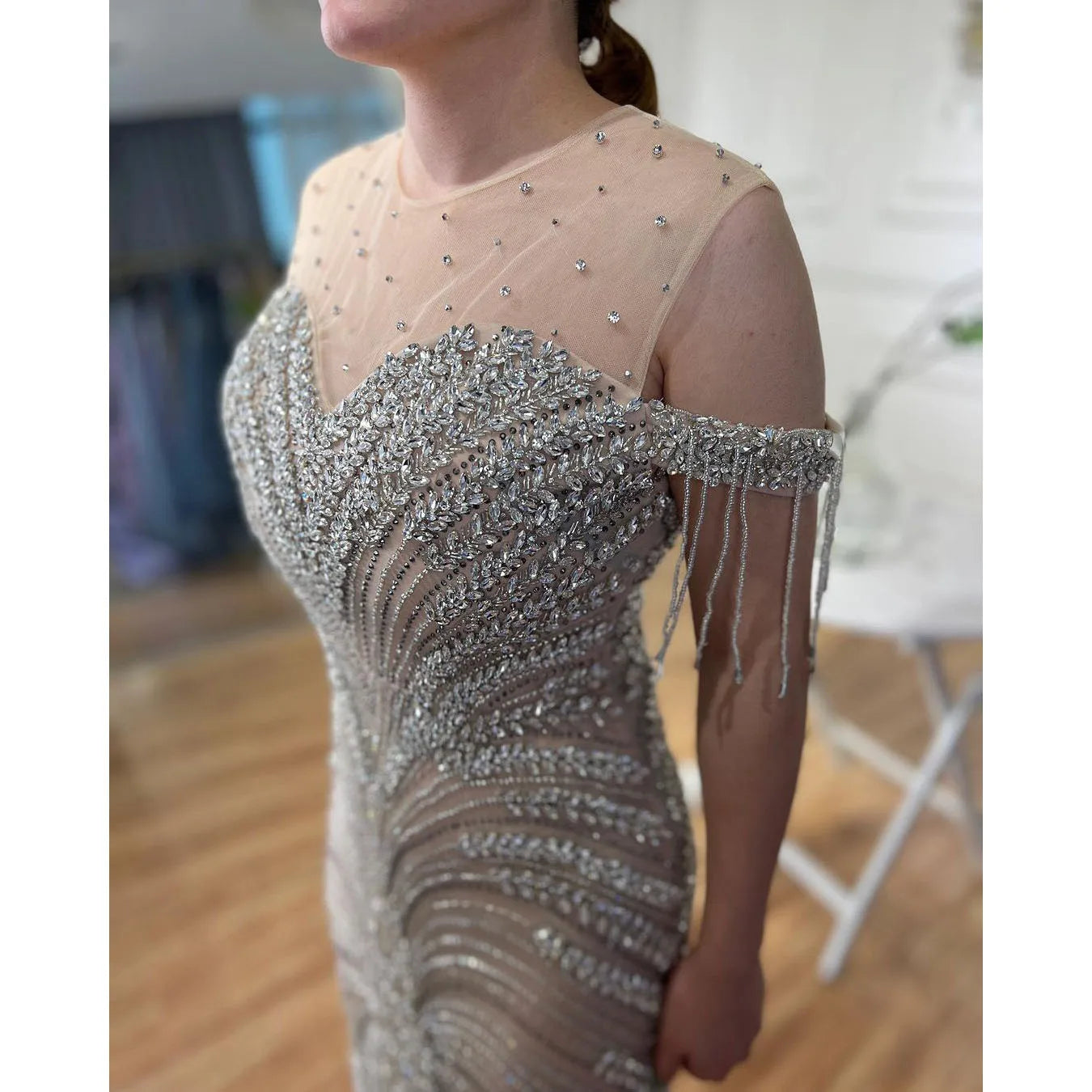 Arabic Silver Nude Mermaid Elegant Tassel Beaded Luxury Dubai Evening Dresses Gowns For Women Party 2025 LA71906