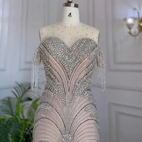 Robe de soirée élégante style sirène argentée et nude, avec pompons et perles, style Dubaï, pour femme, modèle LA71906, 2025 