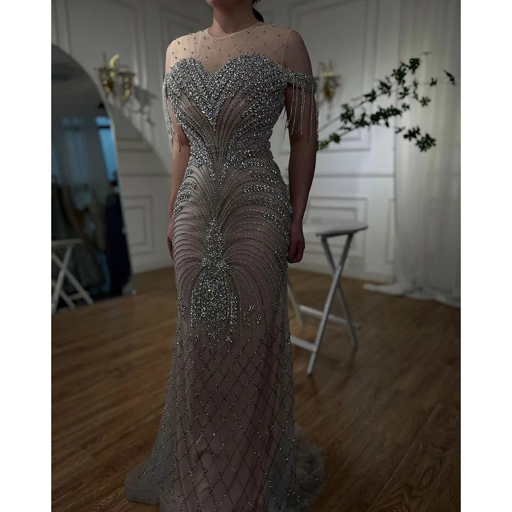 Arabic Silver Nude Mermaid Elegant Tassel Beaded Luxury Dubai Evening Dresses Gowns For Women Party 2025 LA71906