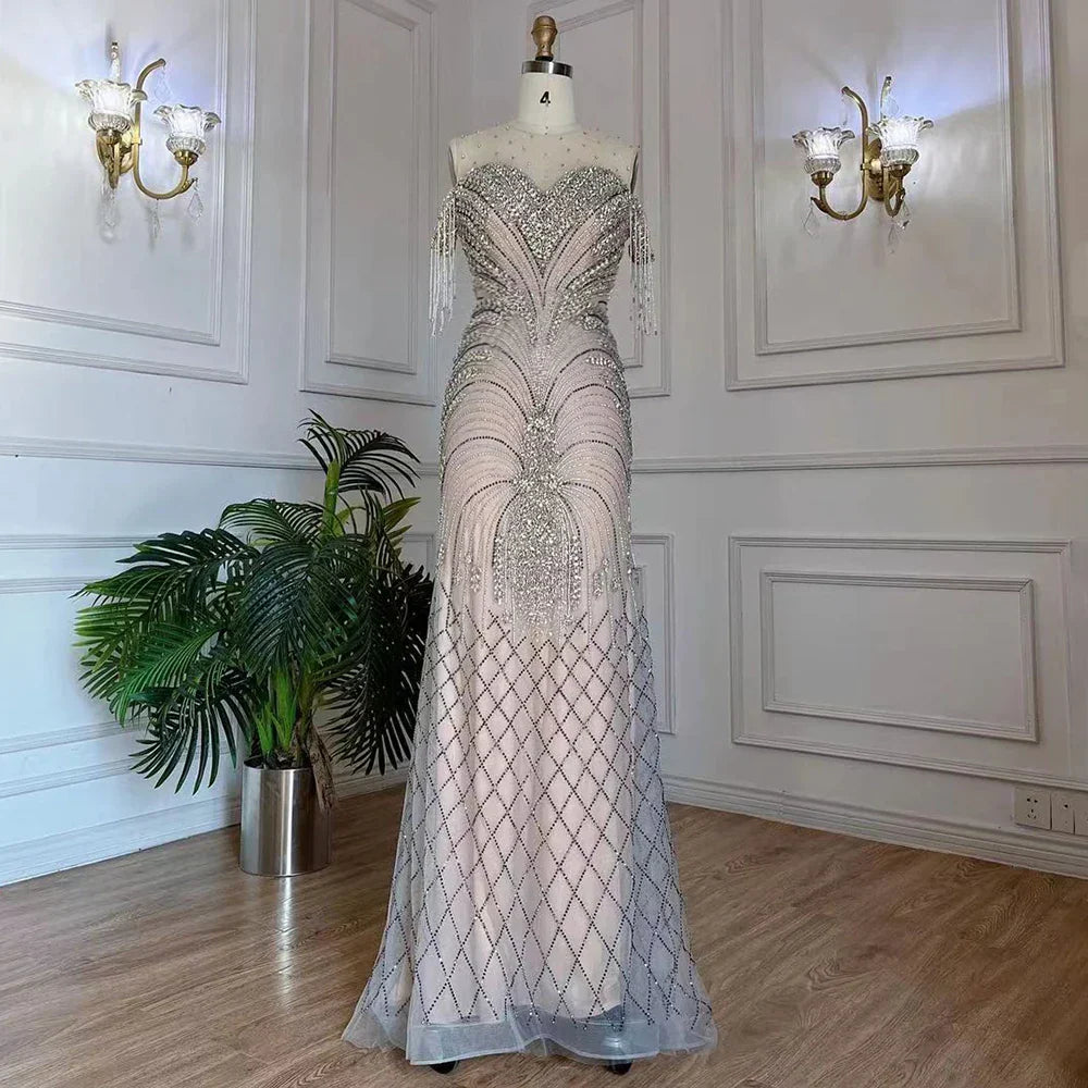 Arabic Silver Nude Mermaid Elegant Tassel Beaded Luxury Dubai Evening Dresses Gowns For Women Party 2025 LA71906