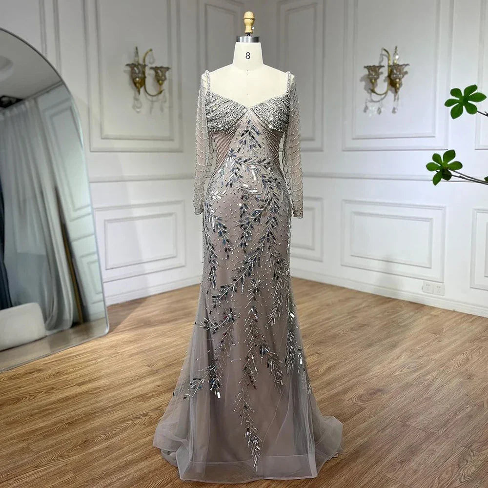 Arabic Silver Nude Mermaid Luxury Beaded Elegant Dubai Evening Dresses Gowns for Woman Wedding Party 2025 LA72513