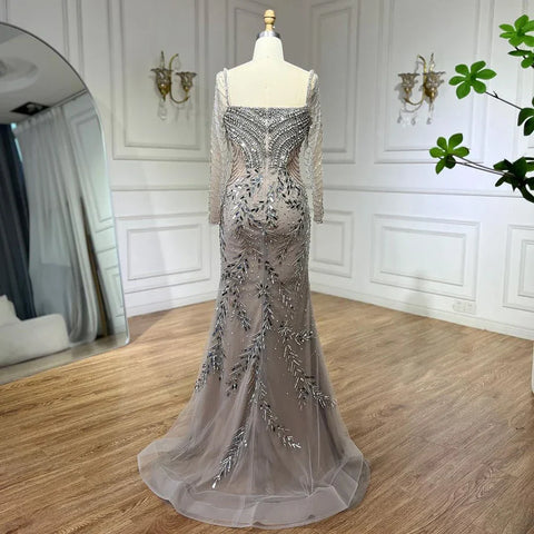 Robe de soirée élégante style sirène, couleur argent, couleur chair, luxueuse, perlée, style Dubaï, pour femme, tenue de mariage, 2025, LA72513 