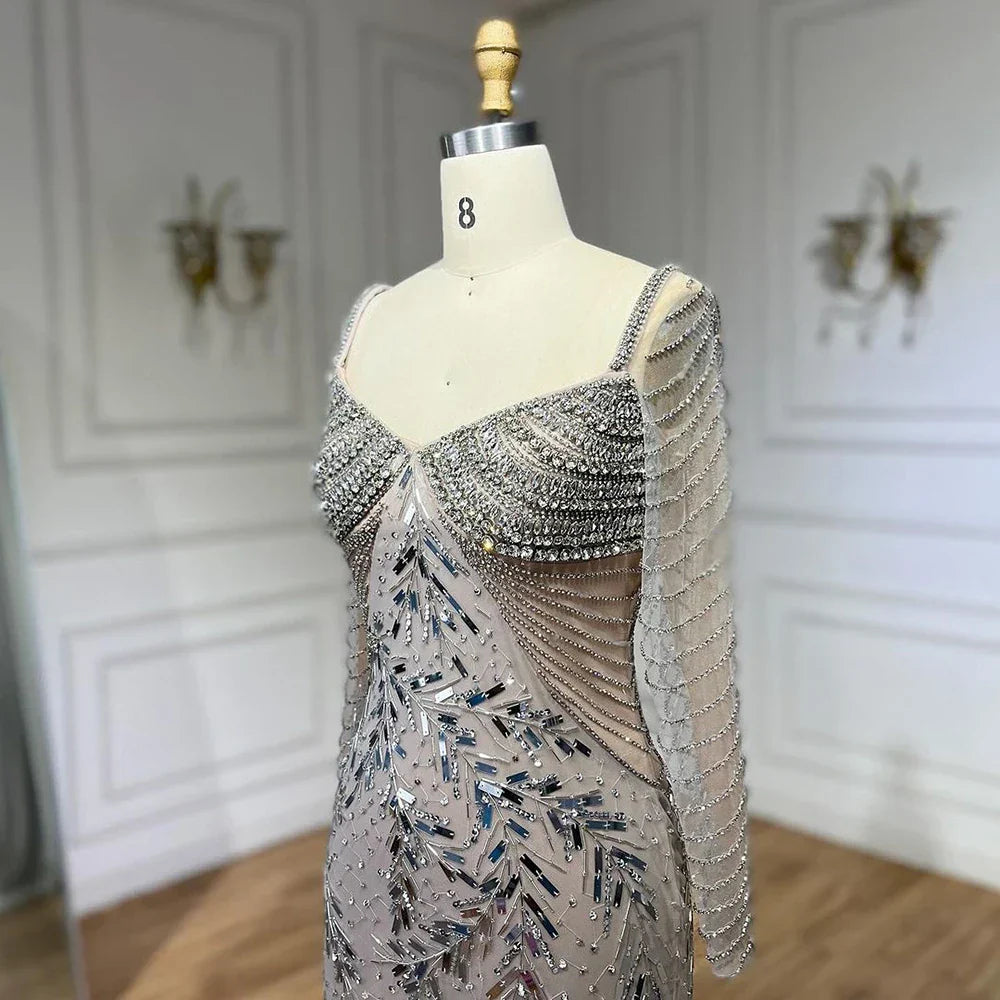 Arabic Silver Nude Mermaid Luxury Beaded Elegant Dubai Evening Dresses Gowns for Woman Wedding Party 2025 LA72513
