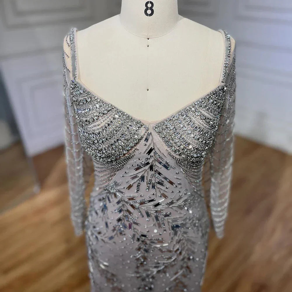 Arabic Silver Nude Mermaid Luxury Beaded Elegant Dubai Evening Dresses Gowns for Woman Wedding Party 2025 LA72513