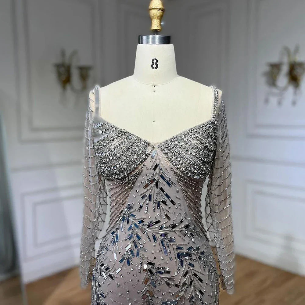 Arabic Silver Nude Mermaid Luxury Beaded Elegant Dubai Evening Dresses Gowns for Woman Wedding Party 2025 LA72513