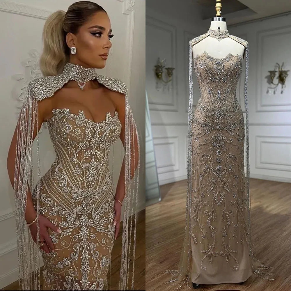 Vestido de noche de lujo árabe color nude, sin tirantes, estilo sirena, con borlas y cuentas LA72237 