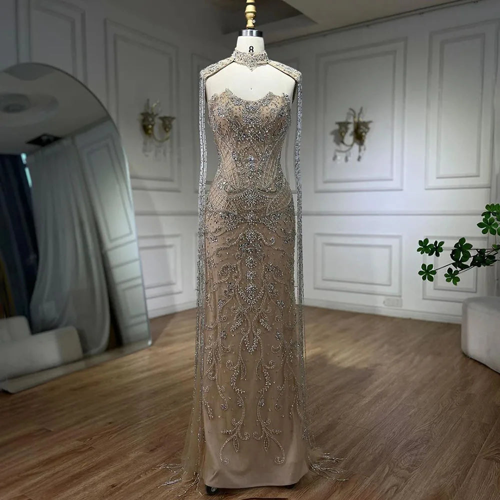 Vestido de noche de lujo árabe color nude, sin tirantes, estilo sirena, con borlas y cuentas LA72237 