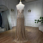Robe de soirée de luxe style sirène, couleur chair, sans bretelles, à franges et perles, style arabe LA72237 