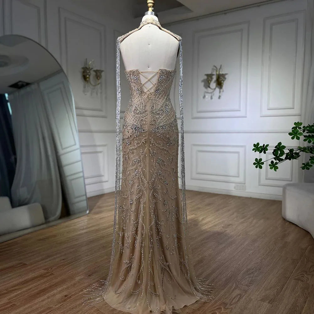 Vestido de noche de lujo árabe color nude, sin tirantes, estilo sirena, con borlas y cuentas LA72237 