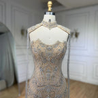 Robe de soirée de luxe style sirène, couleur chair, sans bretelles, à franges et perles, style arabe LA72237 