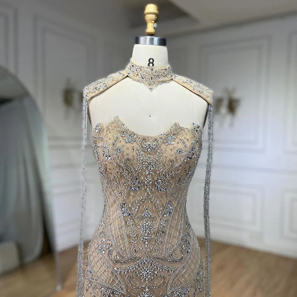 Vestido de noche de lujo árabe color nude, sin tirantes, estilo sirena, con borlas y cuentas LA72237 