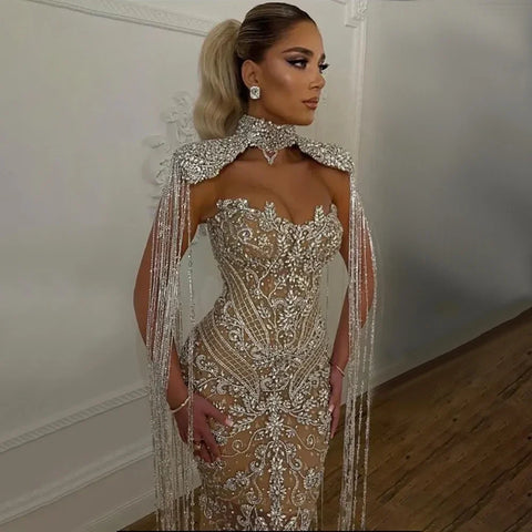 Robe de soirée de luxe style sirène, couleur chair, sans bretelles, à franges et perles, style arabe LA72237 