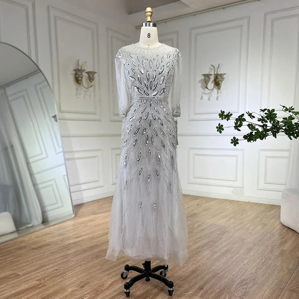 Robe de soirée de luxe arabe argentée et blanche, avec perles, longueur cheville, pour femme, tenue de mariage, modèle LA71999S, 2025 