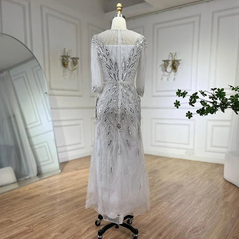Robe de soirée de luxe arabe argentée et blanche, avec perles, longueur cheville, pour femme, tenue de mariage, modèle LA71999S, 2025 