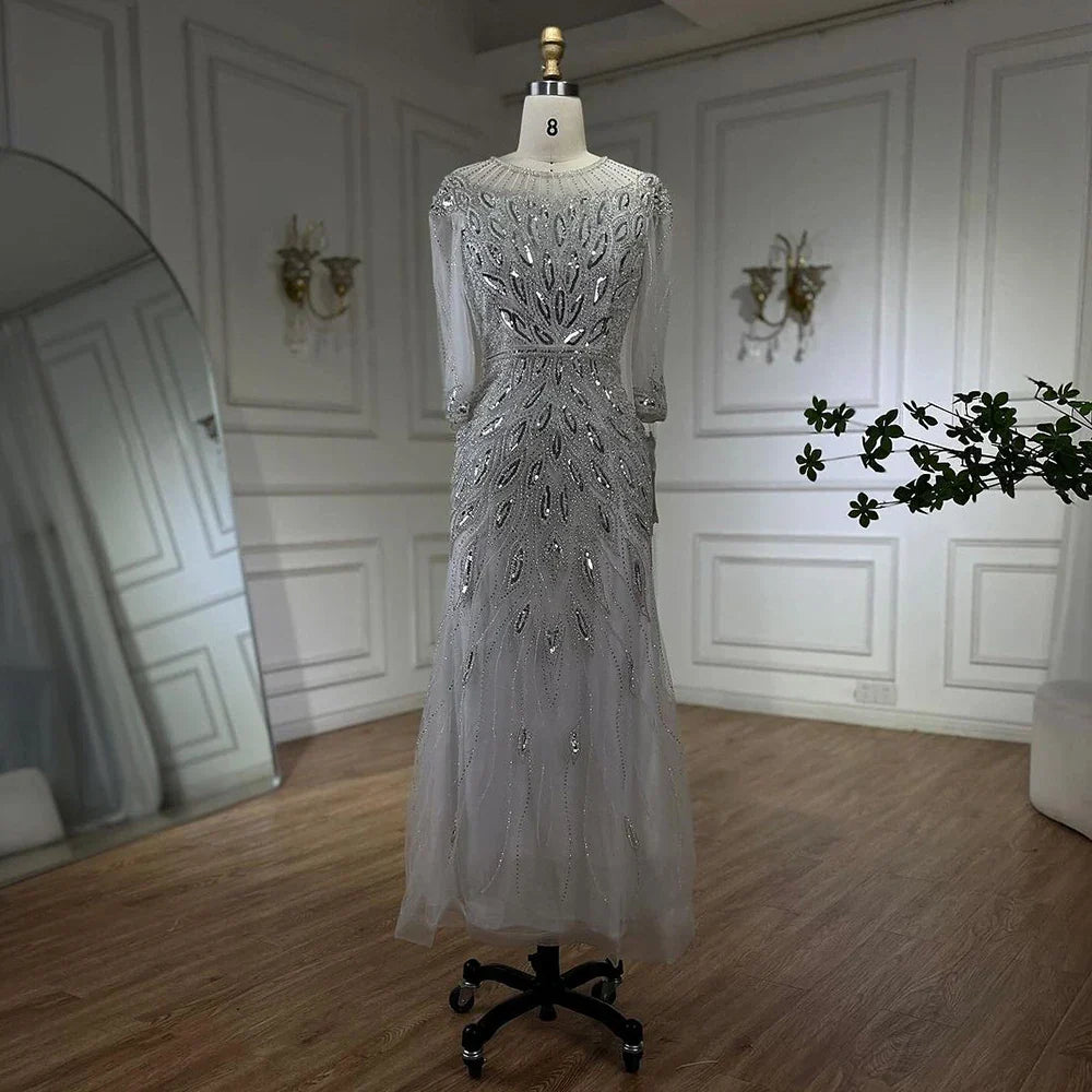 Arabic Silver White Luxury Beaded Dubai Ankle Length Evening Dresses Gowns for Women Wedding Party 2025 LA71999S