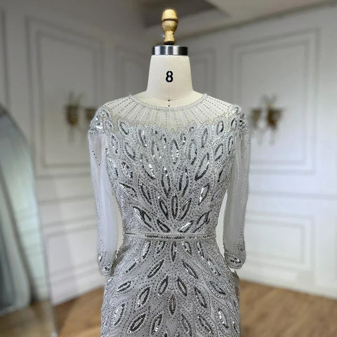 Robe de soirée de luxe arabe argentée et blanche, avec perles, longueur cheville, pour femme, tenue de mariage, modèle LA71999S, 2025 