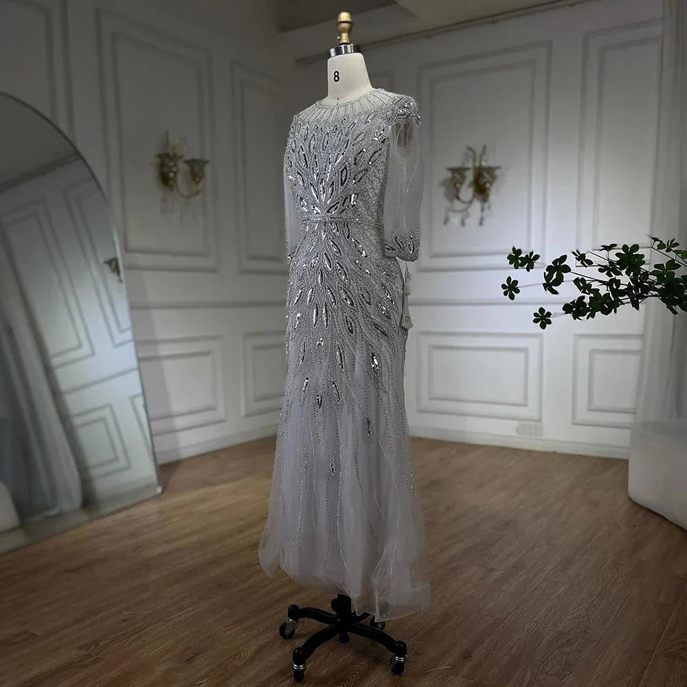 Arabic Silver White Luxury Beaded Dubai Ankle Length Evening Dresses Gowns for Women Wedding Party 2025 LA71999S