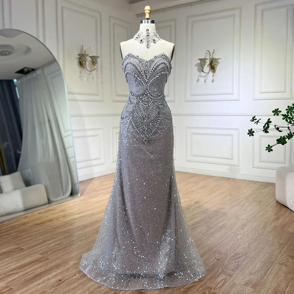 Arabic Sliver Strapless Mermaid Luxury Beaded Pearls Crystal Evening Dresses Gowns for Women Party 2025 LA72432