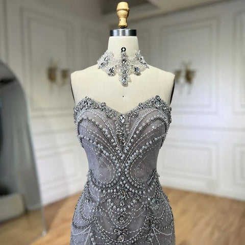 Robe de soirée sirène de luxe argentée, sans bretelles, ornée de perles et de cristaux, pour femme, modèle LA72432 