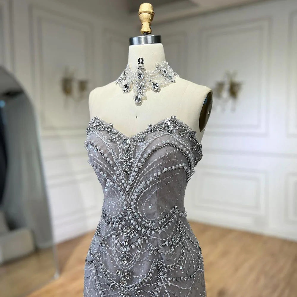 Robe de soirée sirène de luxe argentée, sans bretelles, ornée de perles et de cristaux, pour femme, modèle LA72432 