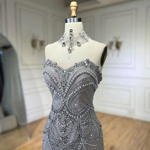 Robe de soirée sirène de luxe argentée, sans bretelles, ornée de perles et de cristaux, pour femme, modèle LA72432 