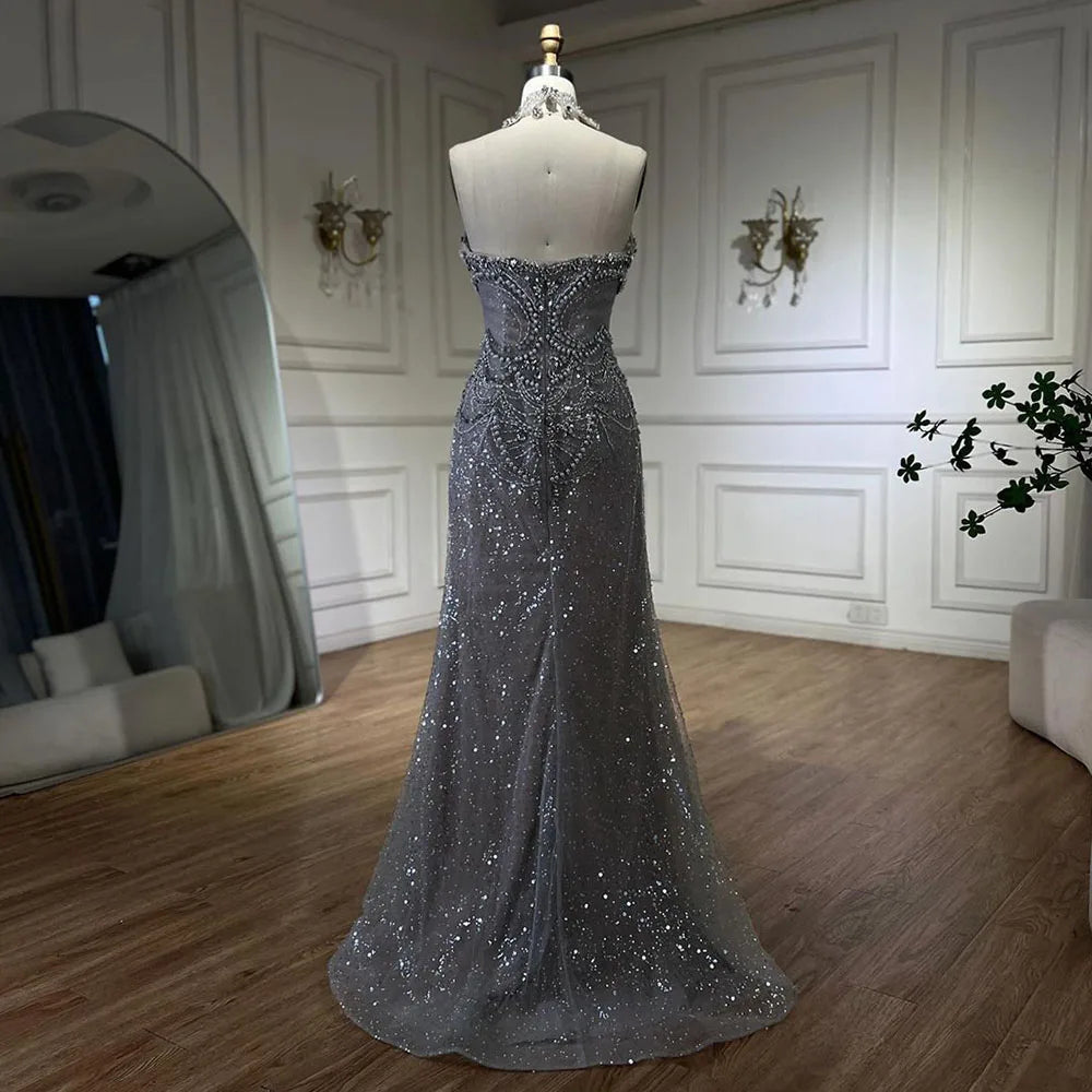 Arabic Sliver Strapless Mermaid Luxury Beaded Pearls Crystal Evening Dresses Gowns for Women Party 2025 LA72432