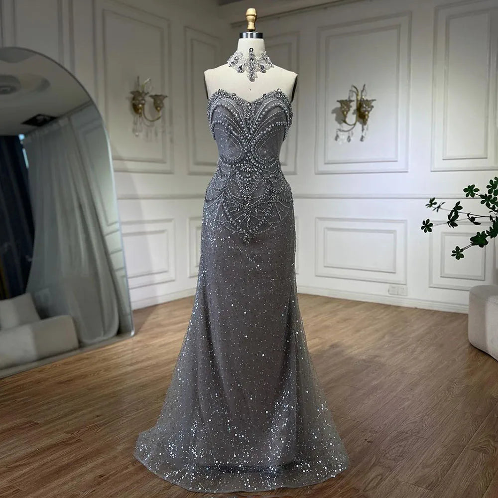 Arabic Sliver Strapless Mermaid Luxury Beaded Pearls Crystal Evening Dresses Gowns for Women Party 2025 LA72432
