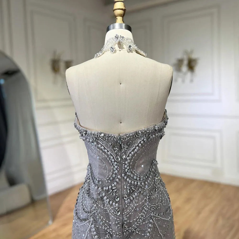 Arabic Sliver Strapless Mermaid Luxury Beaded Pearls Crystal Evening Dresses Gowns for Women Party 2025 LA72432