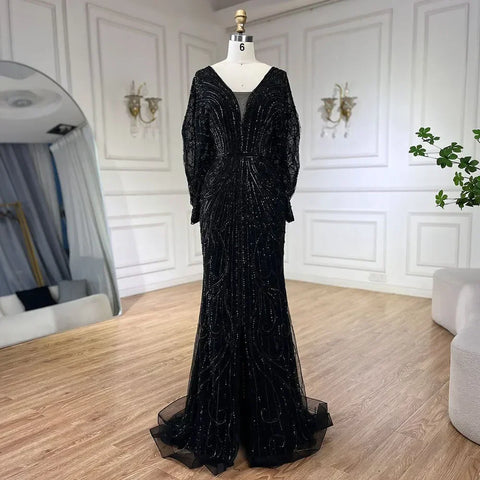 Robe de soirée sirène noire de luxe, style arabe, avec perles et diamants, pour femme, tenue de mariage, 2025, LA72288A 