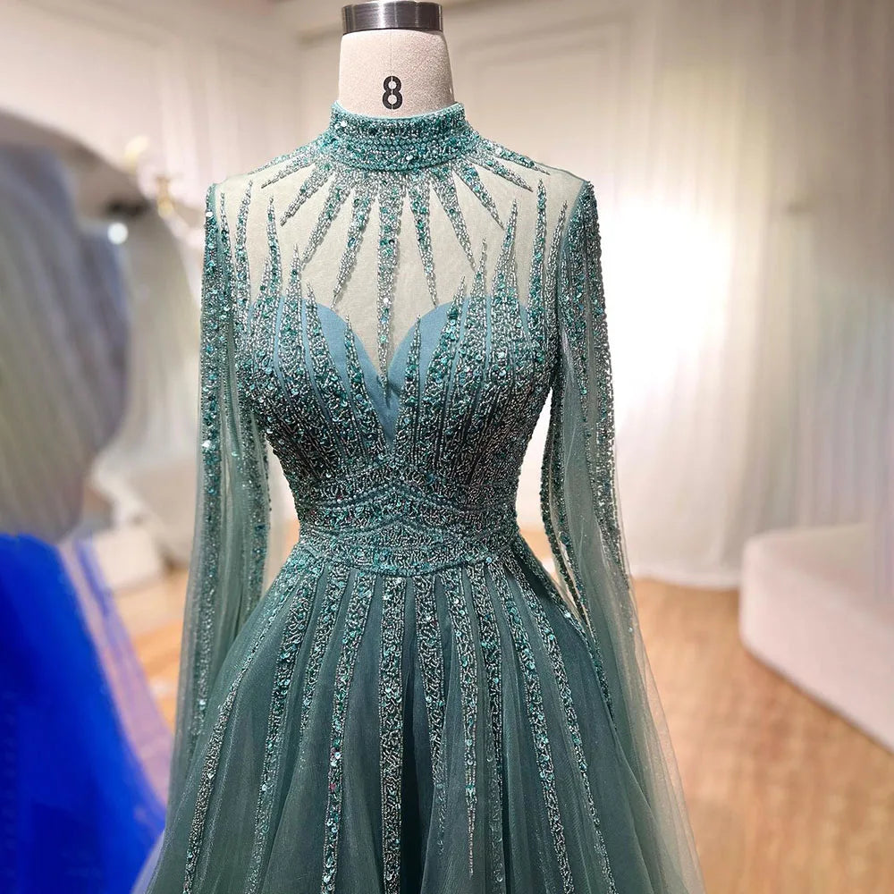 Arabic Turquoise A Line Beaded Dubai Evening Dresses With Cape Sleeves Gowns For Women Wedding Party 2025 LA72199