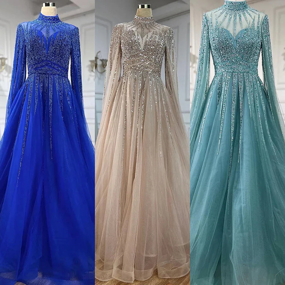Robe de soirée arabe turquoise, coupe trapèze, perles, Dubaï, manches cape, pour femme, tenue de mariage, 2025, LA72199 