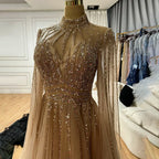 Robe de soirée arabe turquoise, coupe trapèze, perles, Dubaï, manches cape, pour femme, tenue de mariage, 2025, LA72199 