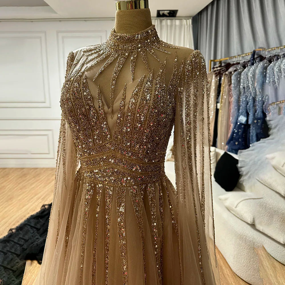 Arabic Turquoise A Line Beaded Dubai Evening Dresses With Cape Sleeves Gowns For Women Wedding Party 2025 LA72199