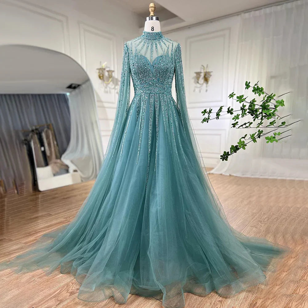Arabic Turquoise A Line Beaded Dubai Evening Dresses With Cape Sleeves Gowns For Women Wedding Party 2025 LA72199