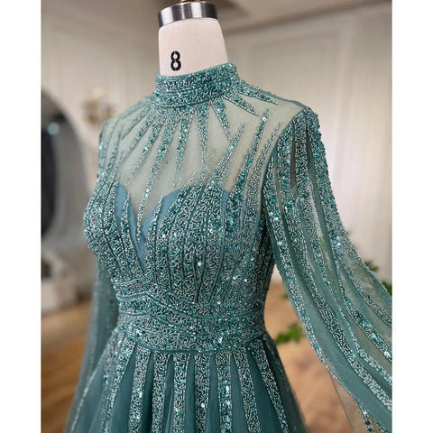 Robe de soirée arabe turquoise, coupe trapèze, perles, Dubaï, manches cape, pour femme, tenue de mariage, 2025, LA72199 